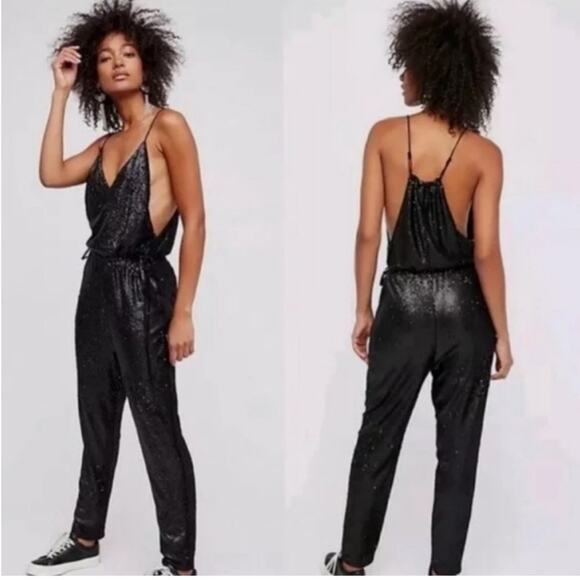 Free People Jumpsuit Sequin Black sz S going out date dinner holiday - Picture 1 of 10
